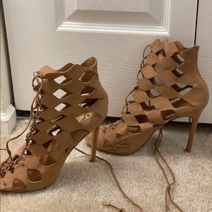 Camel Suede Brown Tie Up Heel Sandals